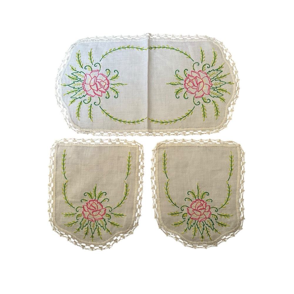 Vintage 3 Piece Hand Embroidered Pink Rose Green Doily Set Crochet Edging